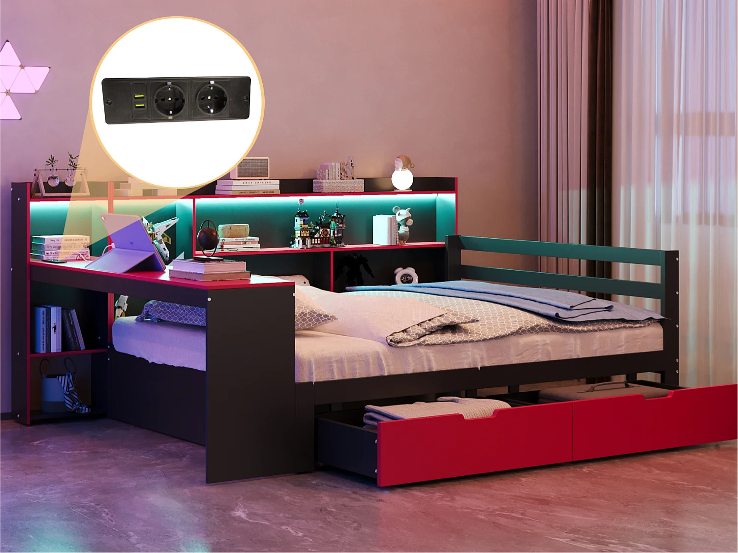 Divano letto 140x200 cm - con scomparti di riporre - illuminazione integrata - presa di corrente - 2 cassetti - nero + rosso​ (materasso non incluso)