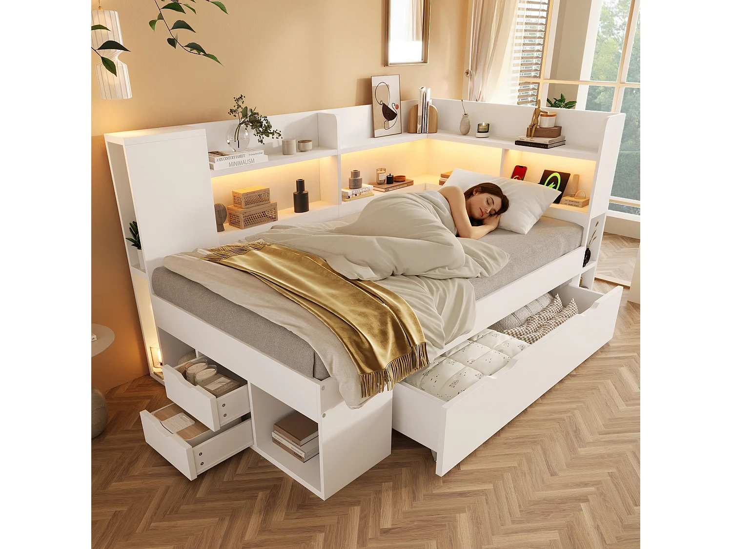 Canapé-lit 90x190cm - avec LED - avec USB/Type-C - avec des compartiments de rangement et des tiroirs - blanc (matelas non inclus)