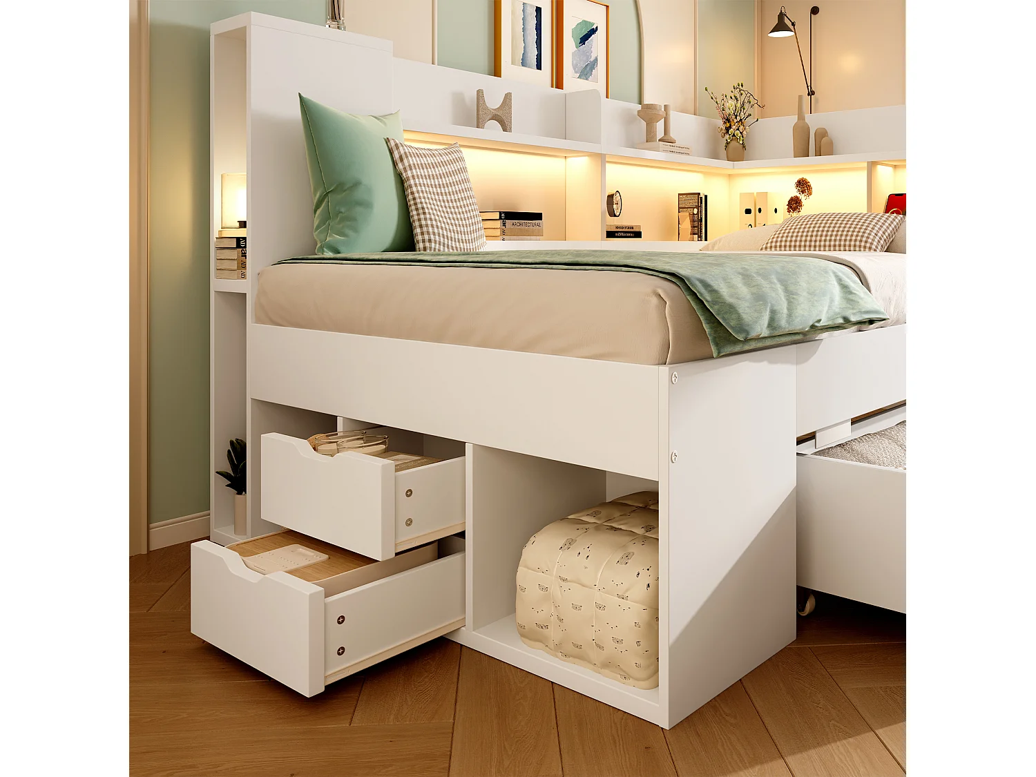 Canapé-lit 90x190cm - avec LED - avec USB/Type-C - avec des compartiments de rangement et des tiroirs - blanc (matelas non inclus)