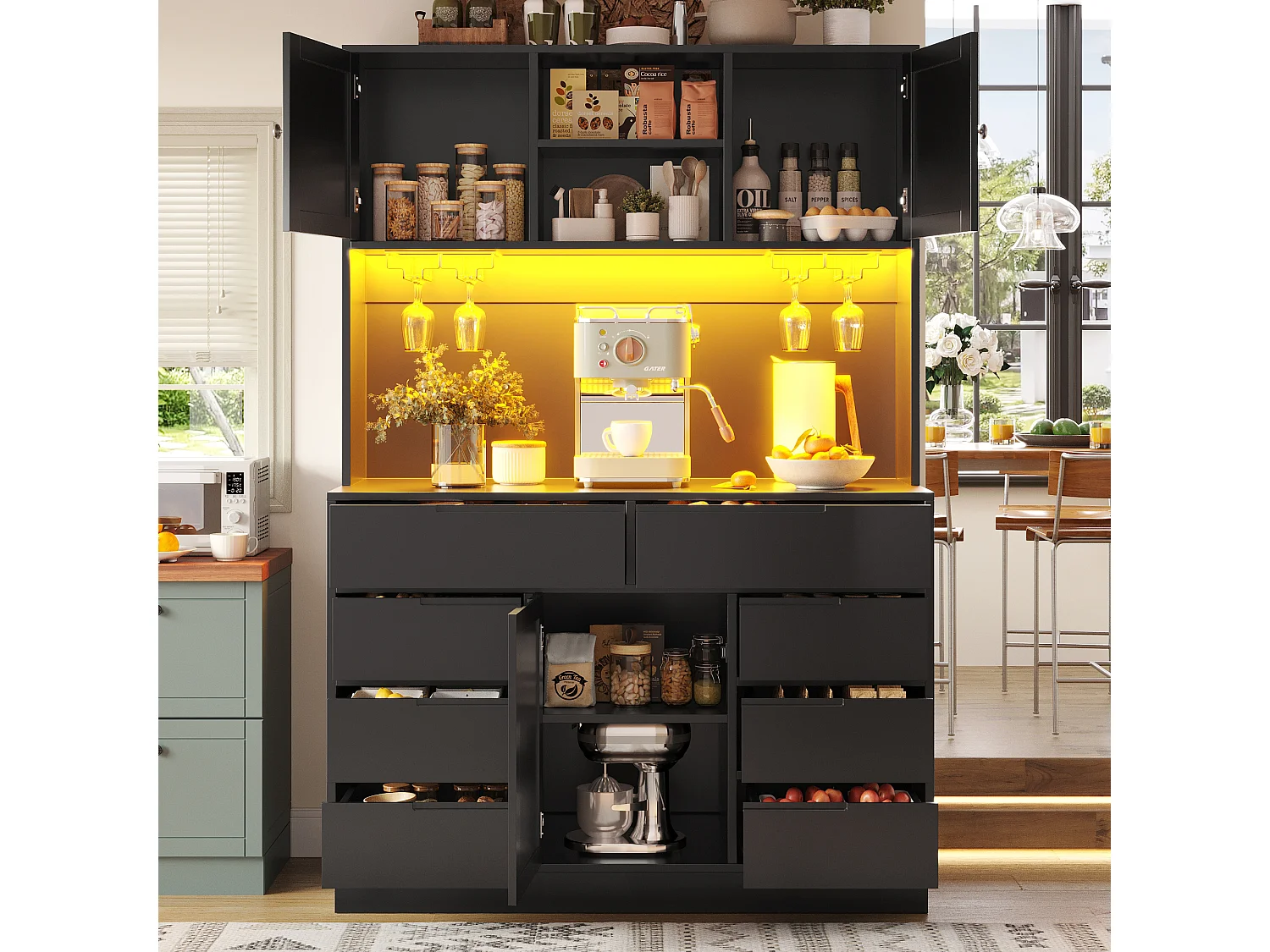 Mebel kuchenny - 120x40x183 cm - 2 drzwi i 8 szuflad - wieszak na kieliszki do wina - z oświetleniem LED i gniazdkiem elektrycznym - Czarny