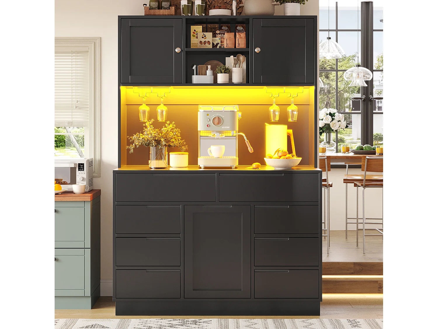 Mebel kuchenny - 120x40x183 cm - 2 drzwi i 8 szuflad - wieszak na kieliszki do wina - z oświetleniem LED i gniazdkiem elektrycznym - Czarny