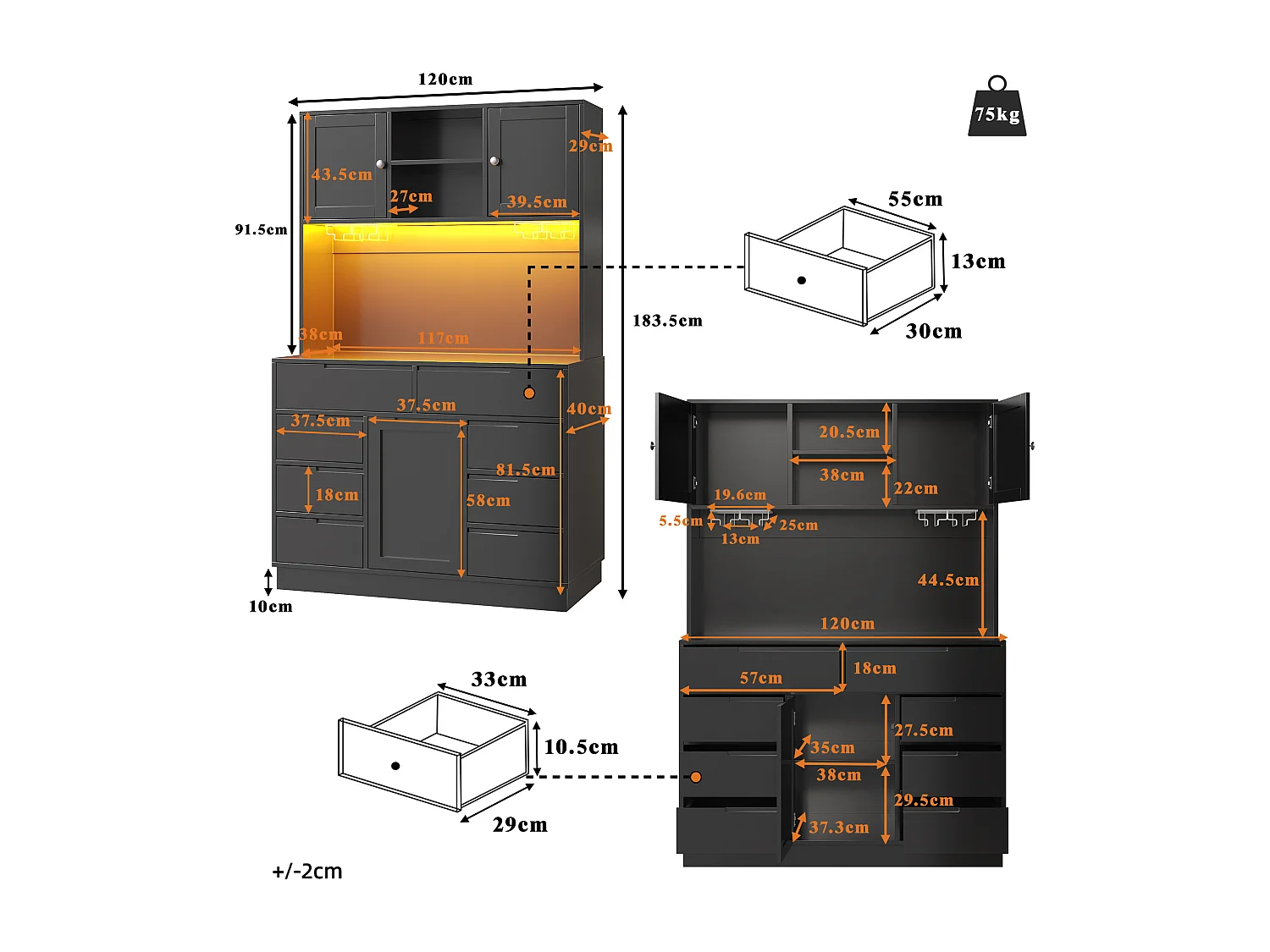 Mebel kuchenny - 120x40x183 cm - 2 drzwi i 8 szuflad - wieszak na kieliszki do wina - z oświetleniem LED i gniazdkiem elektrycznym - Czarny