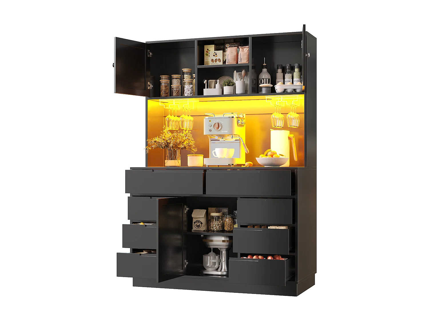 Mebel kuchenny - 120x40x183 cm - 2 drzwi i 8 szuflad - wieszak na kieliszki do wina - z oświetleniem LED i gniazdkiem elektrycznym - Czarny