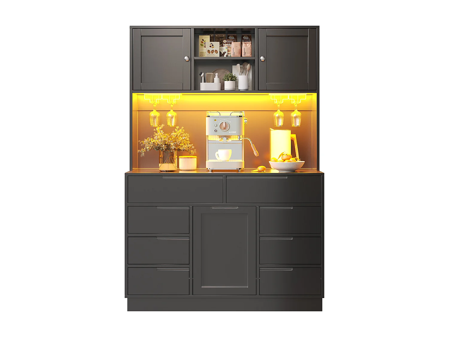 Mebel kuchenny - 120x40x183 cm - 2 drzwi i 8 szuflad - wieszak na kieliszki do wina - z oświetleniem LED i gniazdkiem elektrycznym - Czarny