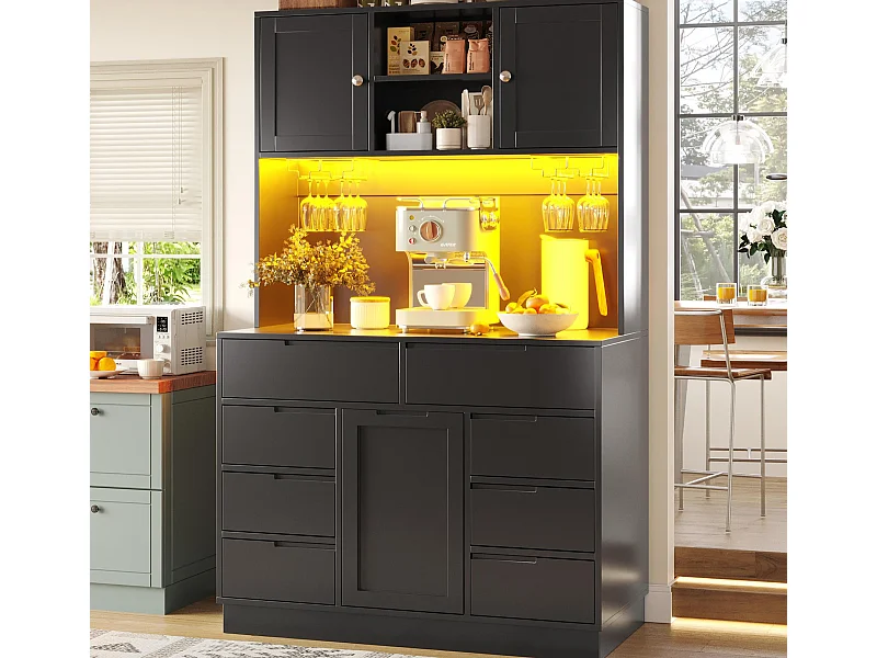 Mebel kuchenny - 120x40x183 cm - 2 drzwi i 8 szuflad - wieszak na kieliszki do wina - z oświetleniem LED i gniazdkiem elektrycznym - Czarny