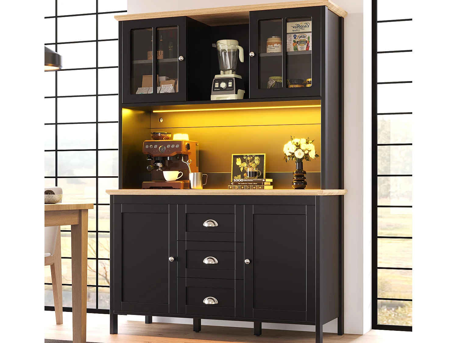 Mebel kuchenny - 120x40x179 cm - 4 drzwi i 3 szuflady - z oświetleniem LED - Czarny