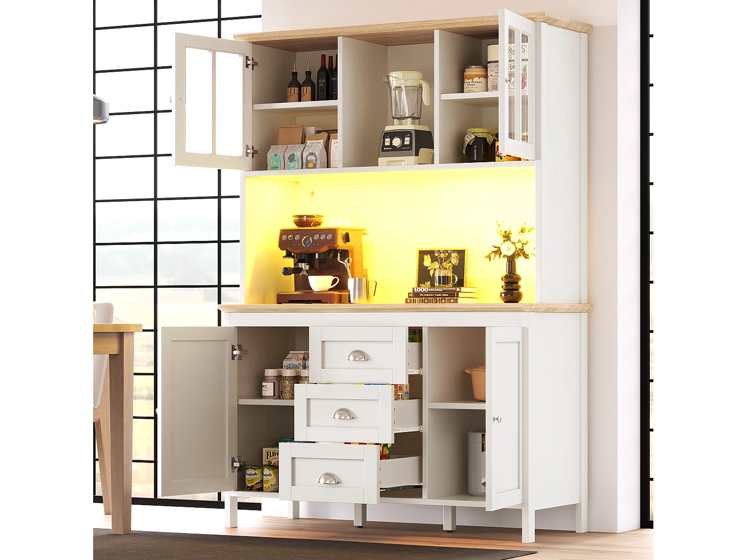 Mebel kuchenny - 120x40x179 cm - 4 drzwi i 3 szuflady - z oświetleniem LED - Biały