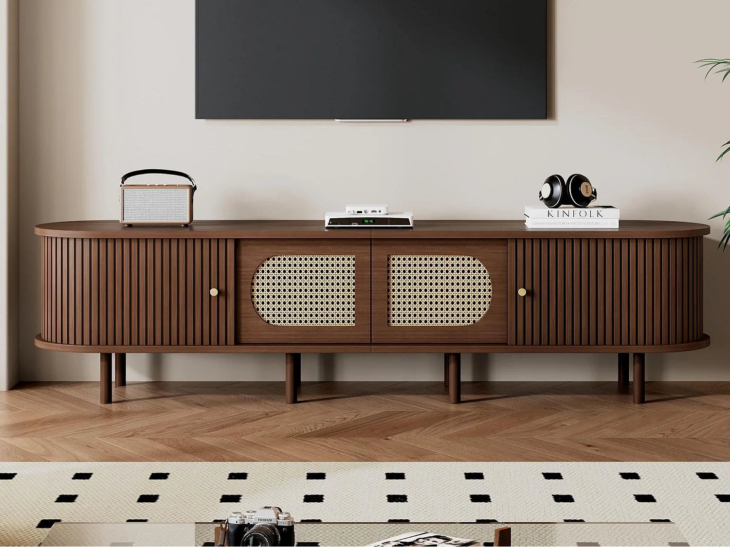 TV-Schrank 180x40x40 cm - Rattan-Design - 4 Türen - MDF - Für Fernseher bis zu 80 Zoll - Braun