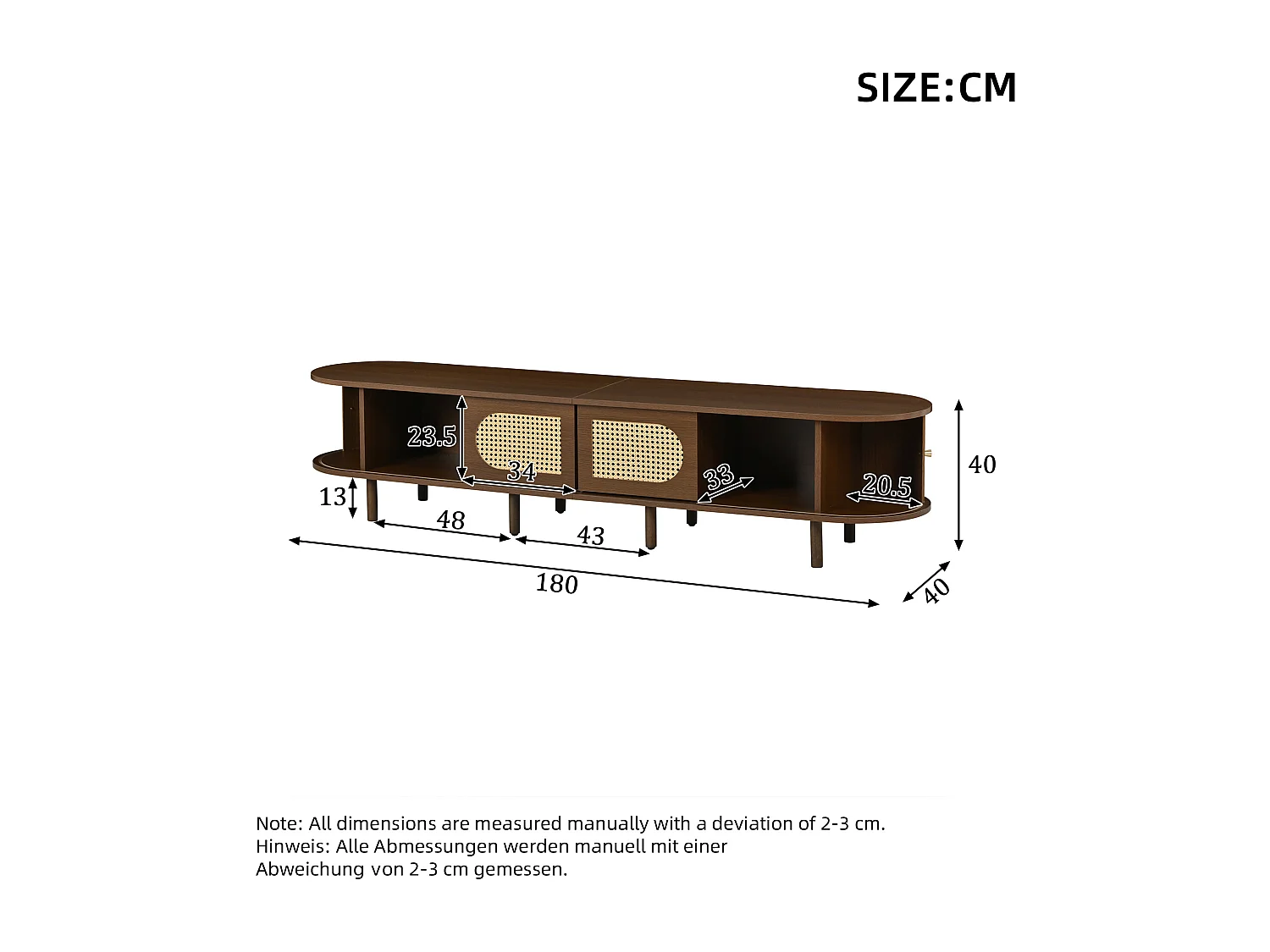 TV-Schrank 180x40x40 cm - Rattan-Design - 4 Türen - MDF - Für Fernseher bis zu 80 Zoll - Braun