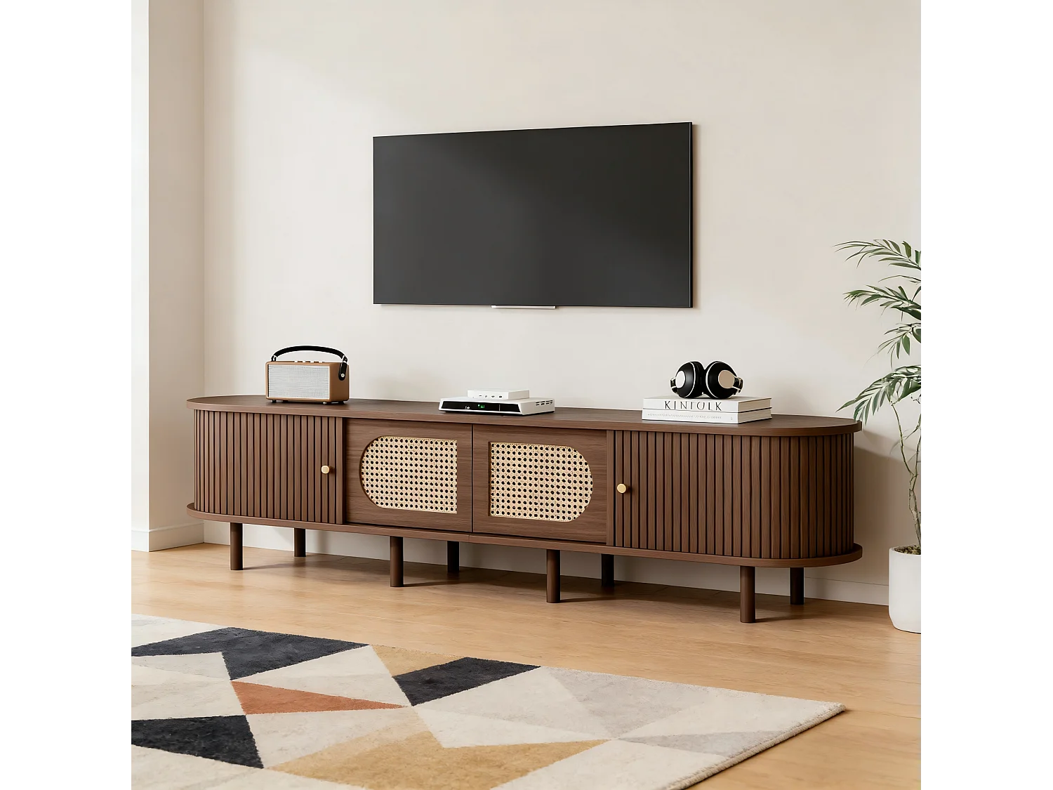 TV-Schrank 180x40x40 cm - Rattan-Design - 4 Türen - MDF - Für Fernseher bis zu 80 Zoll - Braun