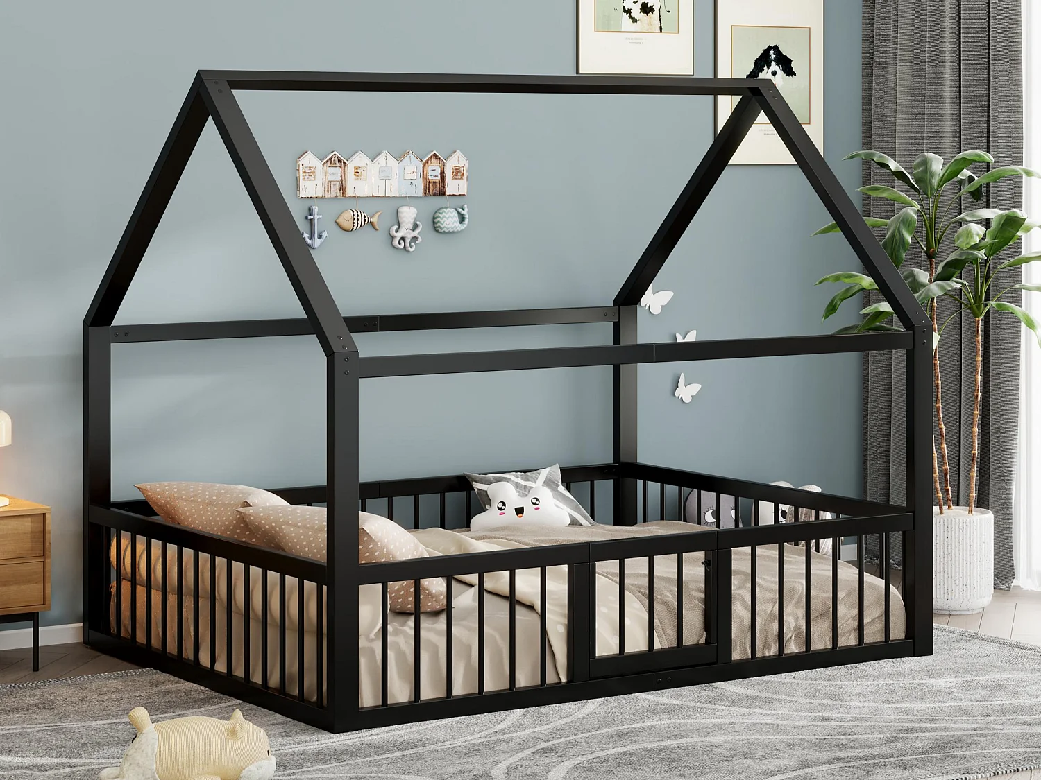 Lit cabane enfant 140 x 200 cm - cadre de lit en métal - avec barrières - Noir (matelas non inclus)