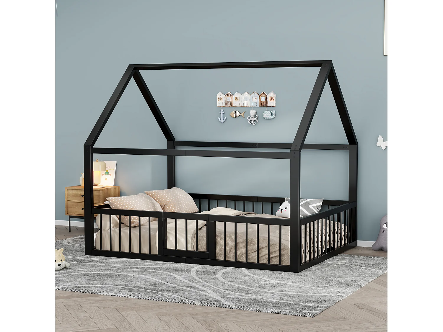 Lit cabane enfant 140 x 200 cm - cadre de lit en métal - avec barrières - Noir (matelas non inclus)