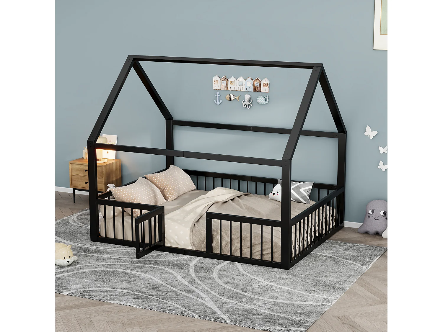 Lit cabane enfant 140 x 200 cm - cadre de lit en métal - avec barrières - Noir (matelas non inclus)