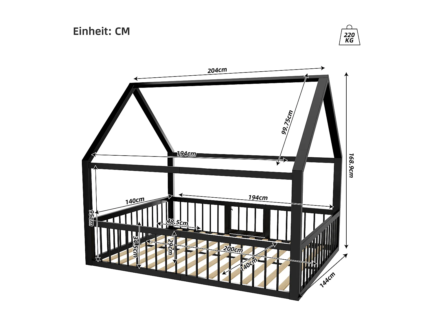 Lit cabane enfant 140 x 200 cm - cadre de lit en métal - avec barrières - Noir (matelas non inclus)