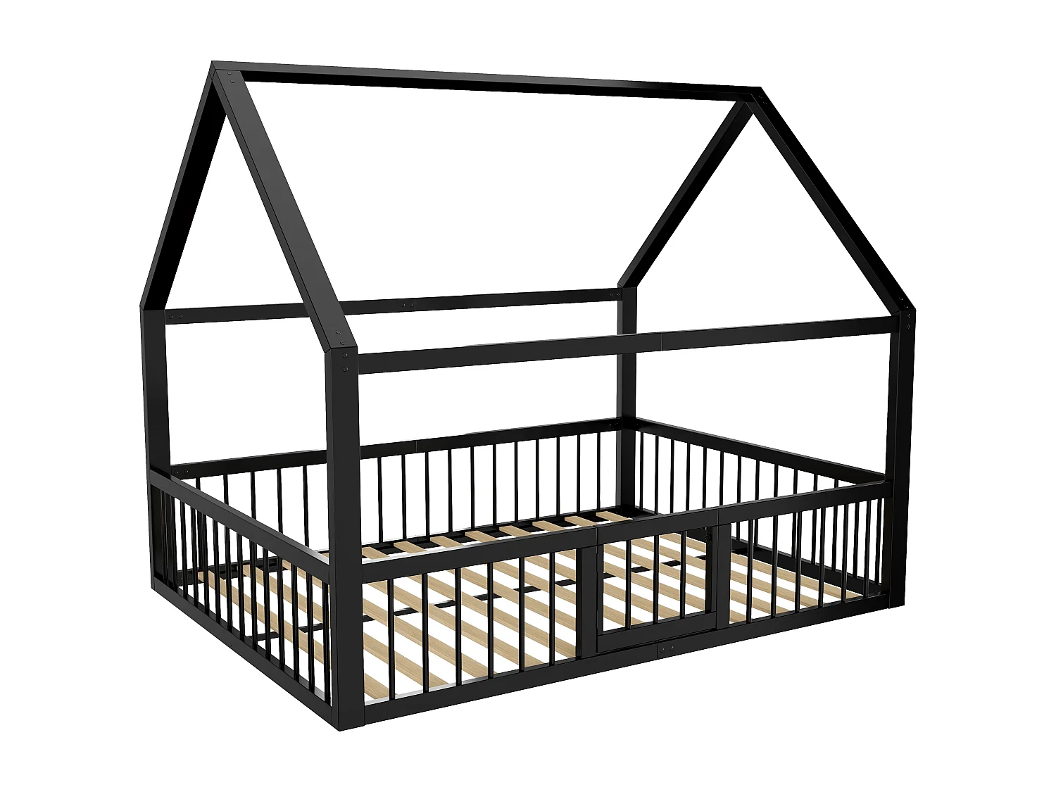 Lit cabane enfant 140 x 200 cm - cadre de lit en métal - avec barrières - Noir (matelas non inclus)