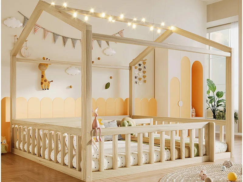 Lit cabane enfant 90x190 cm - avec barrières de sécurité - avec éclairage LED - naturel (matelas non inclus)