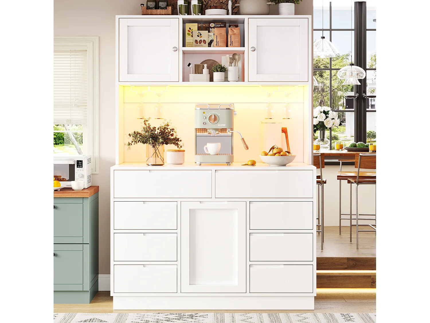 Mebel kuchenny - 120x40x183 cm - 2 drzwi i 8 szuflad - wieszak na kieliszki do wina - z oświetleniem LED i gniazdkiem elektrycznym - Biały