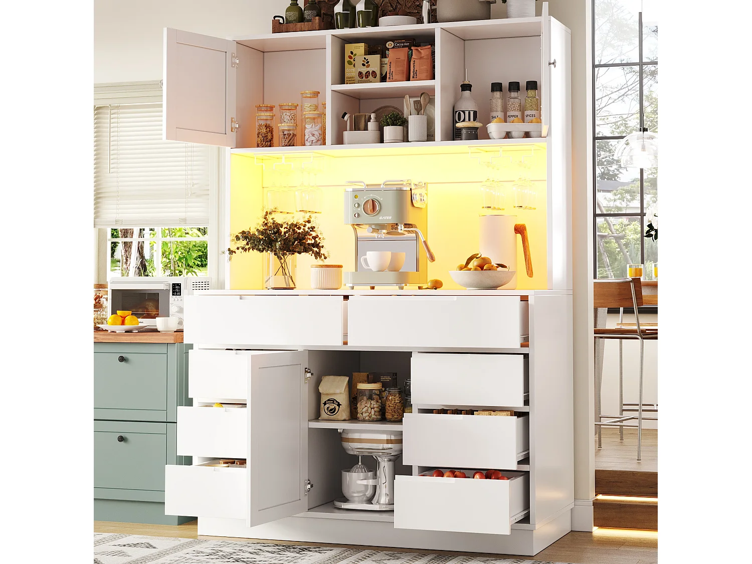 Mebel kuchenny - 120x40x183 cm - 2 drzwi i 8 szuflad - wieszak na kieliszki do wina - z oświetleniem LED i gniazdkiem elektrycznym - Biały