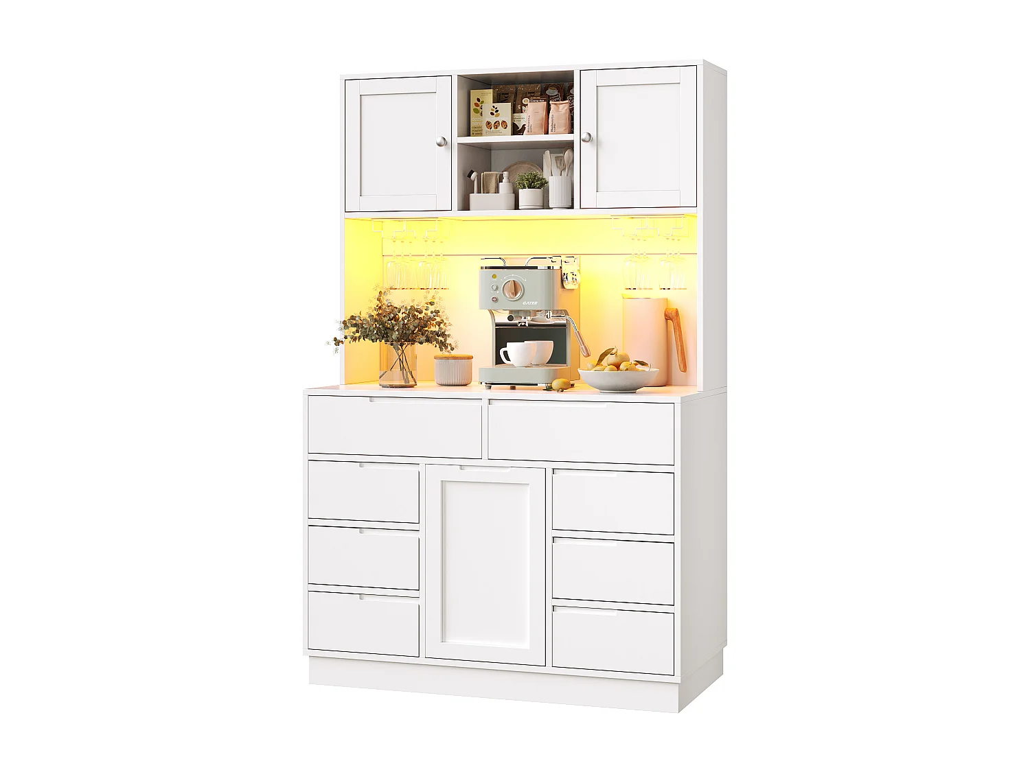 Mebel kuchenny - 120x40x183 cm - 2 drzwi i 8 szuflad - wieszak na kieliszki do wina - z oświetleniem LED i gniazdkiem elektrycznym - Biały