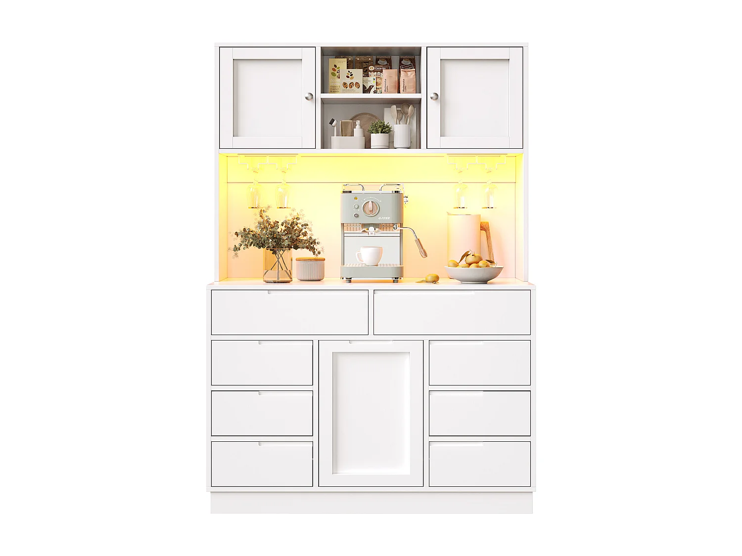 Mebel kuchenny - 120x40x183 cm - 2 drzwi i 8 szuflad - wieszak na kieliszki do wina - z oświetleniem LED i gniazdkiem elektrycznym - Biały