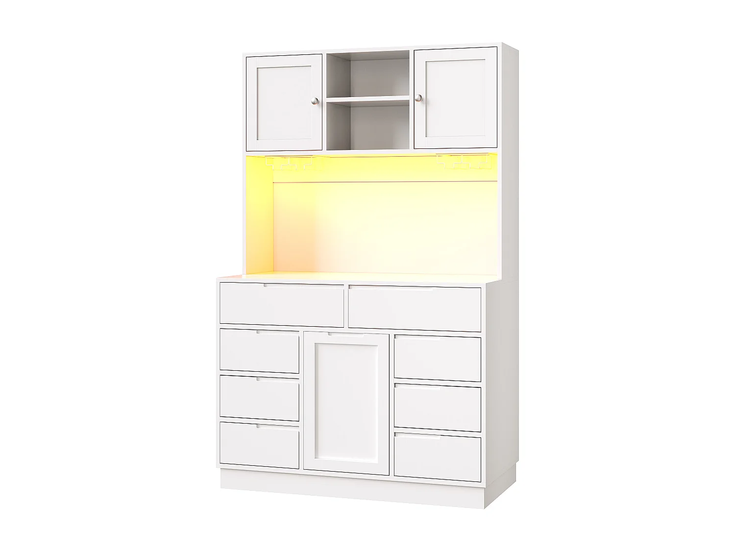 Mebel kuchenny - 120x40x183 cm - 2 drzwi i 8 szuflad - wieszak na kieliszki do wina - z oświetleniem LED i gniazdkiem elektrycznym - Biały