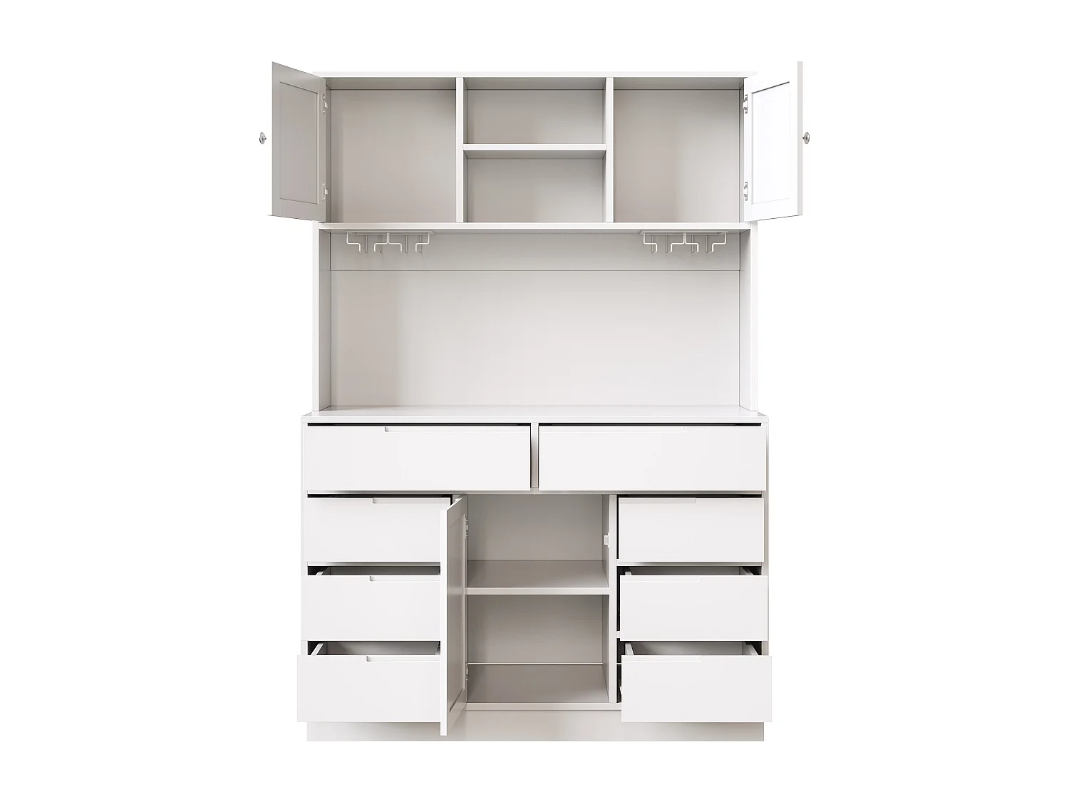 Mebel kuchenny - 120x40x183 cm - 2 drzwi i 8 szuflad - wieszak na kieliszki do wina - z oświetleniem LED i gniazdkiem elektrycznym - Biały