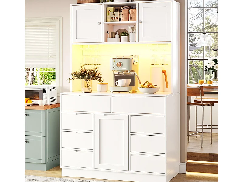 Küchenmöbel - 120x40x183 cm - 2 Türen und 8 Schubladen - Weinglasständer - mit LED-Beleuchtung und Steckdose - Weiß