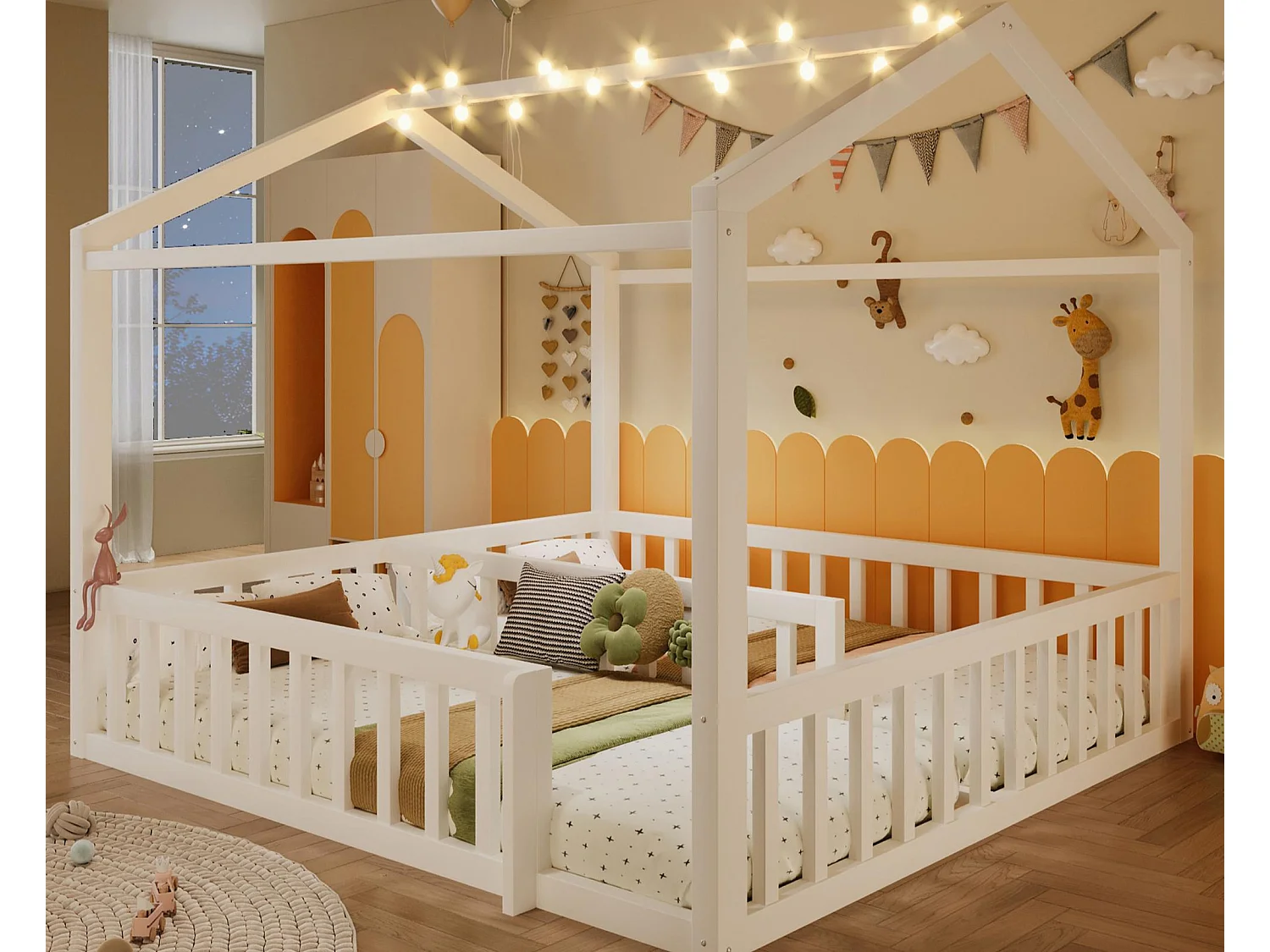 Cama casa infantil 90x190 cm - con barreiras de segurança - con iluminação LED - branco​ (colchão não incluído)