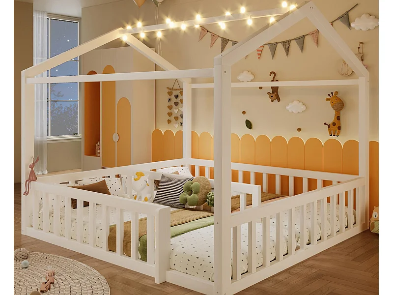 Cama casa infantil 90x190 cm - con barreiras de segurança - con iluminação LED - branco​ (colchão não incluído)