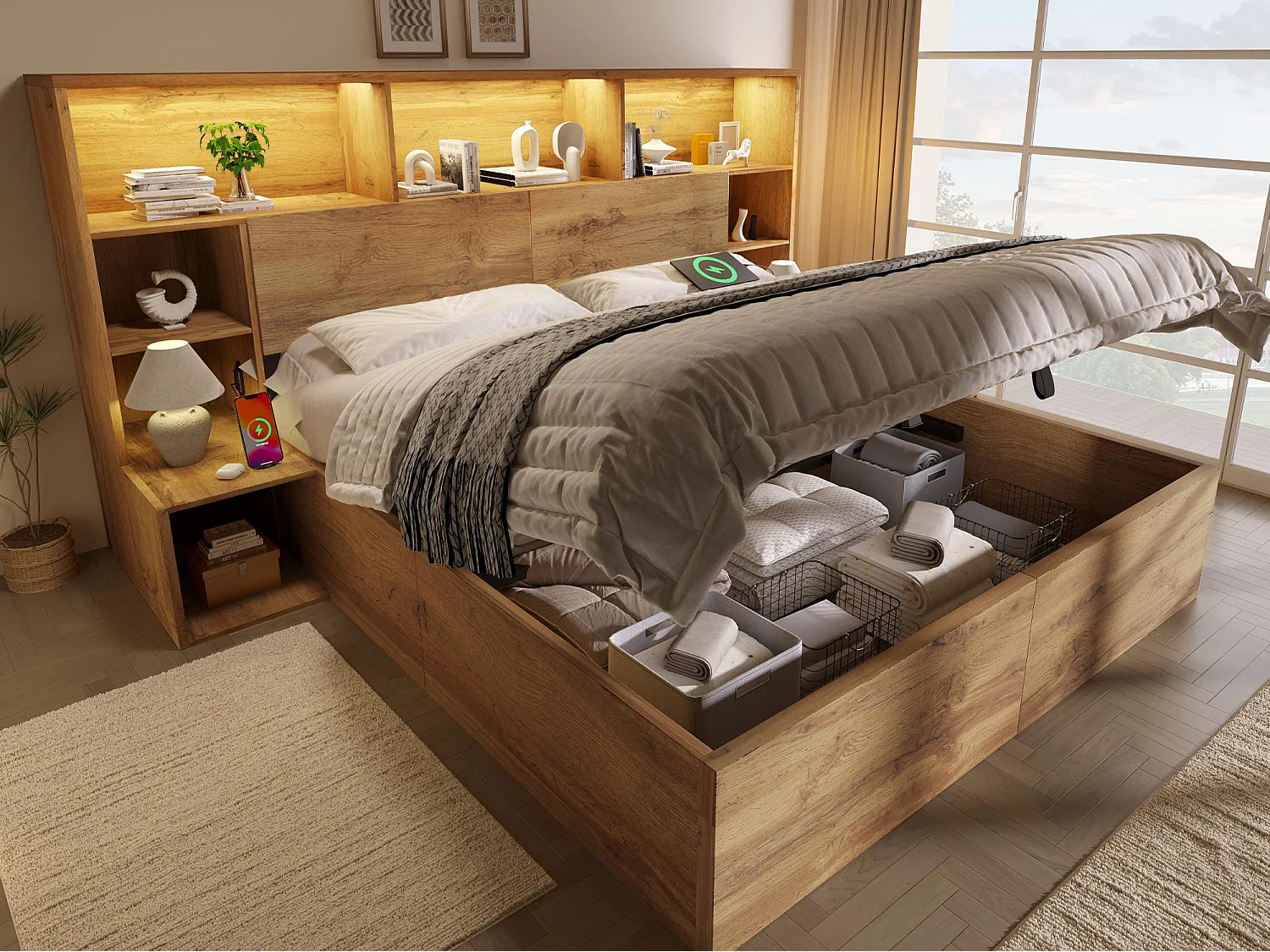 Lit coffre adulte 160x200cm à texture chêne - avec lumière LED et port USB-C - avec table de chevet intégrée - avec étagère - couleur chêne