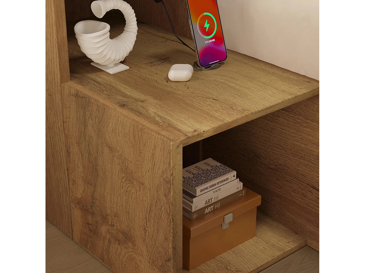 Lit coffre adulte 160x200cm à texture chêne - avec lumière LED et port USB-C - avec table de chevet intégrée - avec étagère - couleur chêne