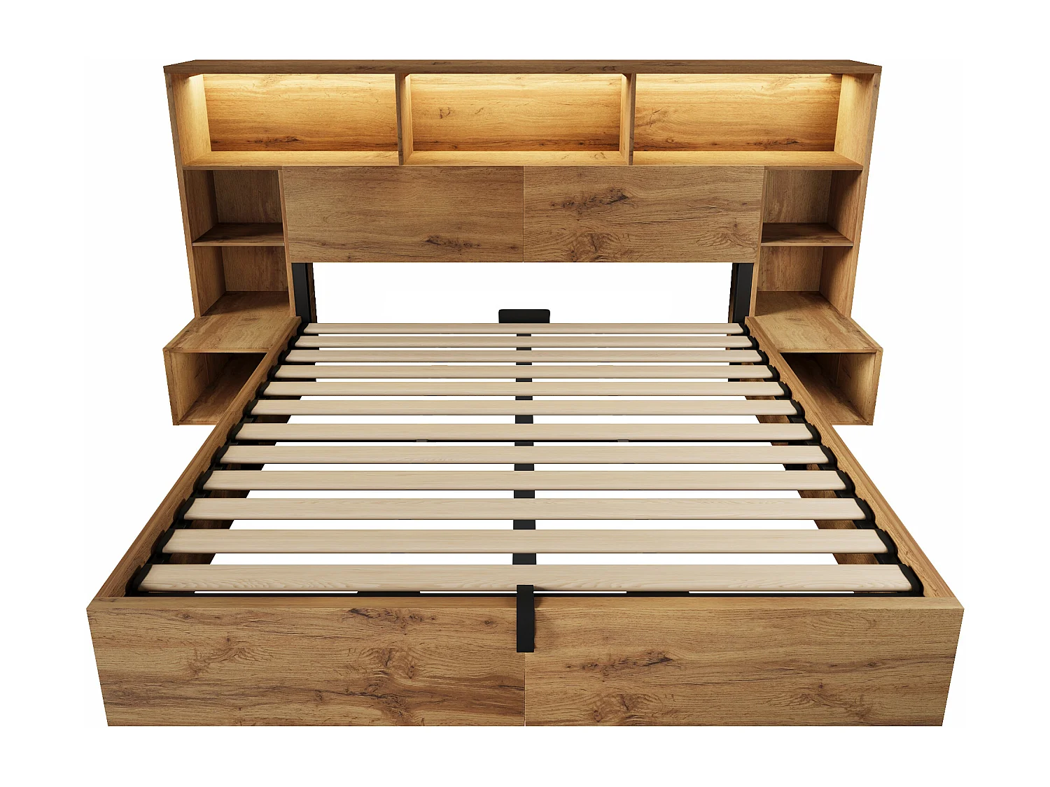 Lit coffre adulte 160x200cm à texture chêne - avec lumière LED et port USB-C - avec table de chevet intégrée - avec étagère - couleur chêne