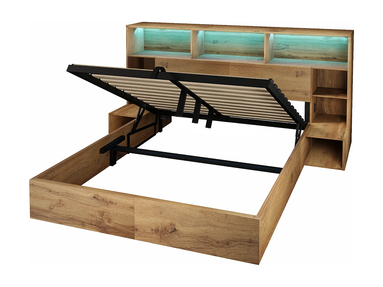 Lit coffre adulte 160x200cm à texture chêne - avec lumière LED et port USB-C - avec table de chevet intégrée - avec étagère - couleur chêne