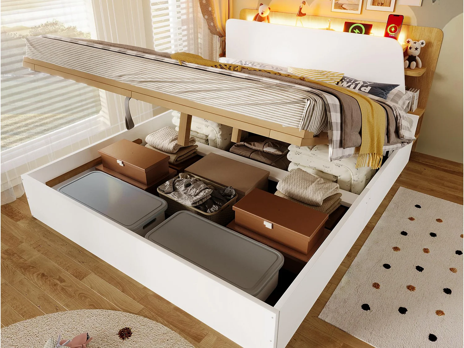 Lit coffre 140x200 cm - avec chargement USB Type-C - avec éclairage LED - blanc (matelas non inclus)