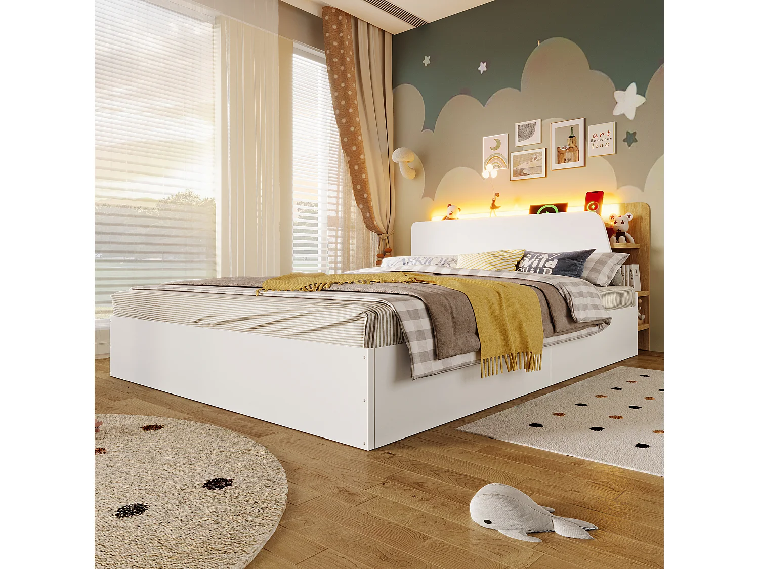 Lit coffre 140x200 cm - avec chargement USB Type-C - avec éclairage LED - blanc (matelas non inclus)