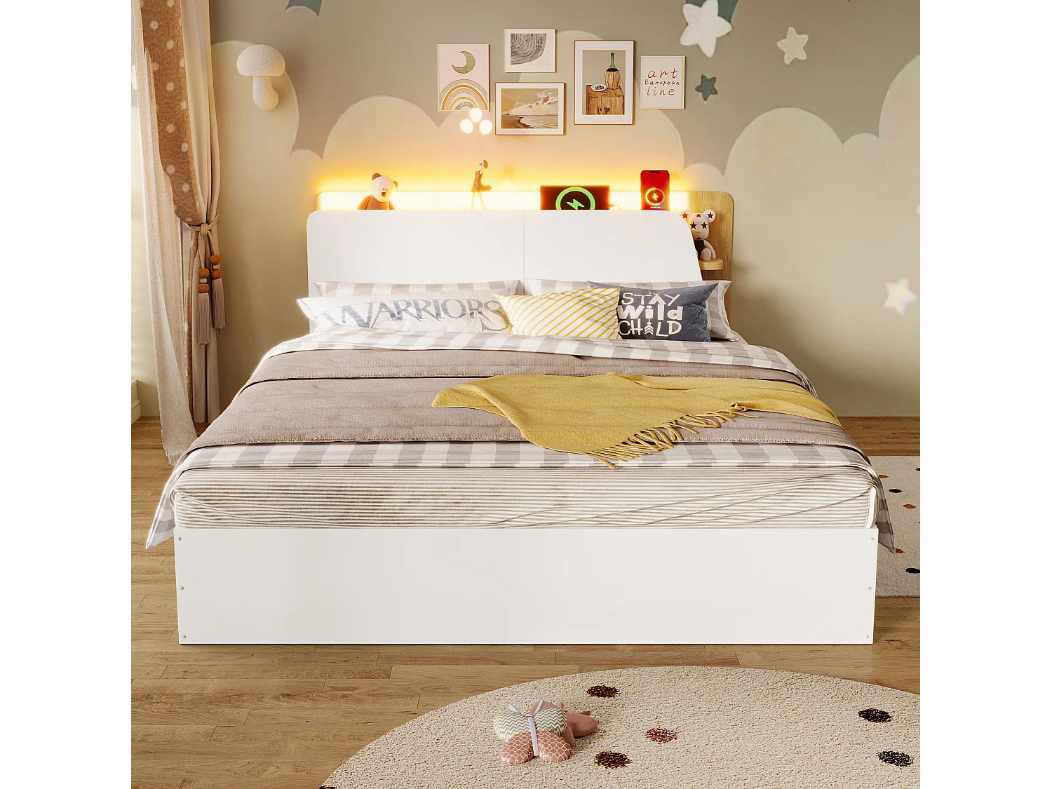 Lit coffre 140x200 cm - avec chargement USB Type-C - avec éclairage LED - blanc (matelas non inclus)