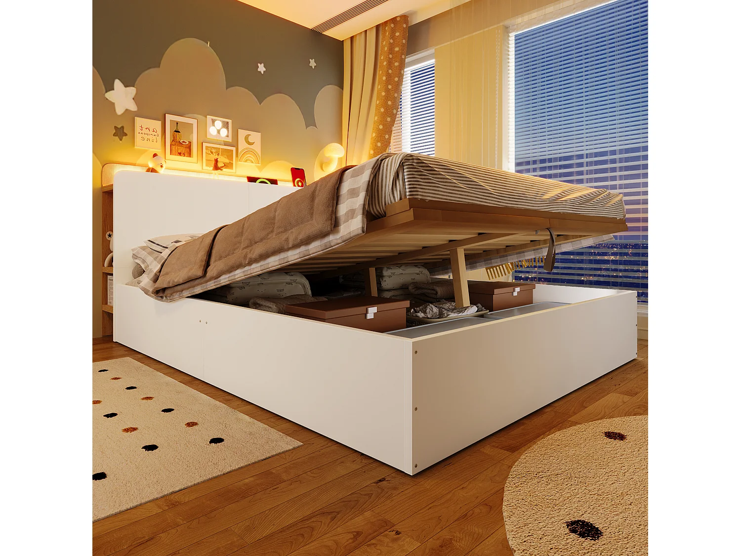 Lit coffre 140x200 cm - avec chargement USB Type-C - avec éclairage LED - blanc (matelas non inclus)