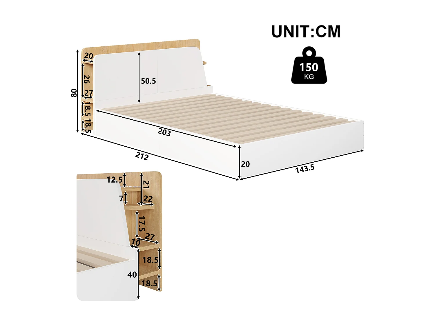 Lit coffre 140x200 cm - avec chargement USB Type-C - avec éclairage LED - blanc (matelas non inclus)