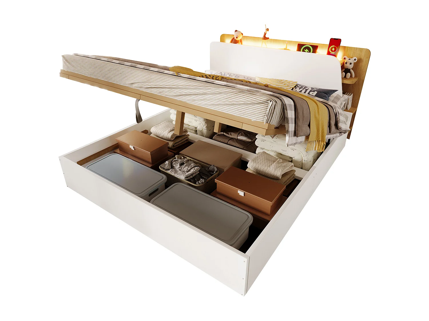 Lit coffre 140x200 cm - avec chargement USB Type-C - avec éclairage LED - blanc (matelas non inclus)