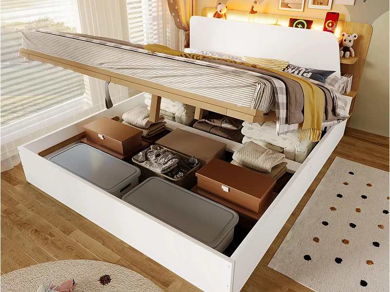 Lit coffre 140x200 cm - avec chargement USB Type-C - avec éclairage LED - blanc (matelas non inclus)