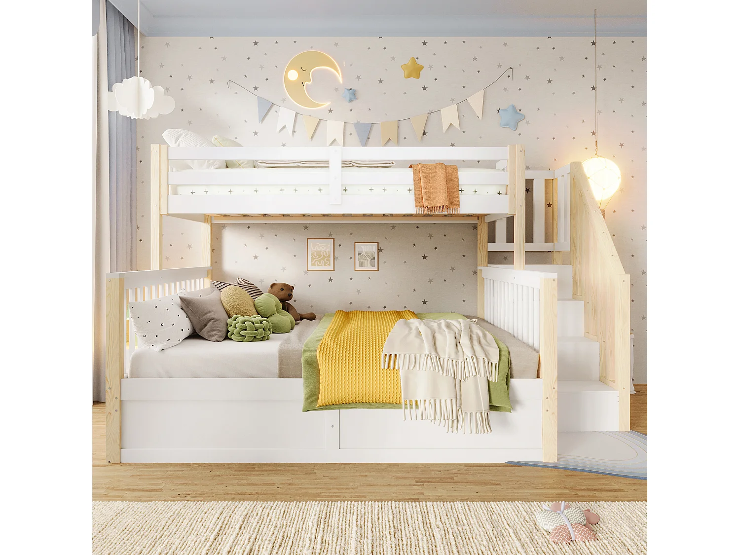 Etagenbett 90x200cm + 140x200cm - mit Leiter - mit Stauraum - weiß + natur​ (Matratze nicht inbegriffen)