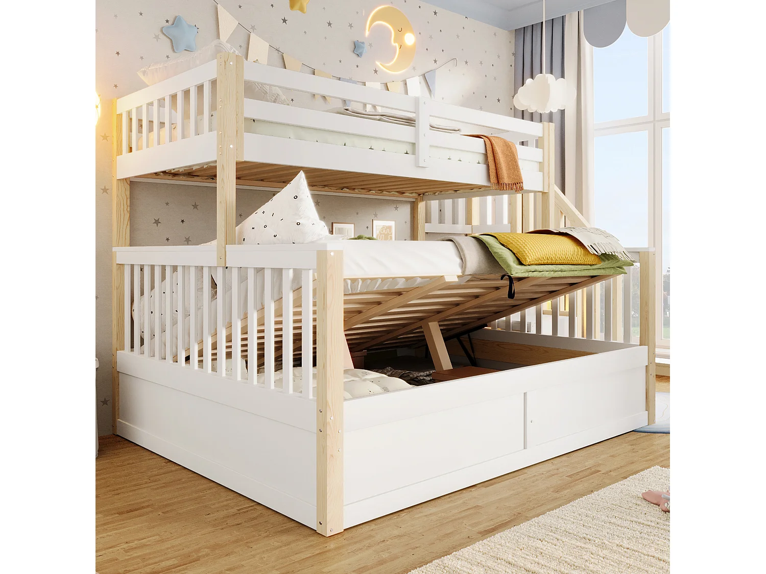 Etagenbett 90x200cm + 140x200cm - mit Leiter - mit Stauraum - weiß + natur​ (Matratze nicht inbegriffen)