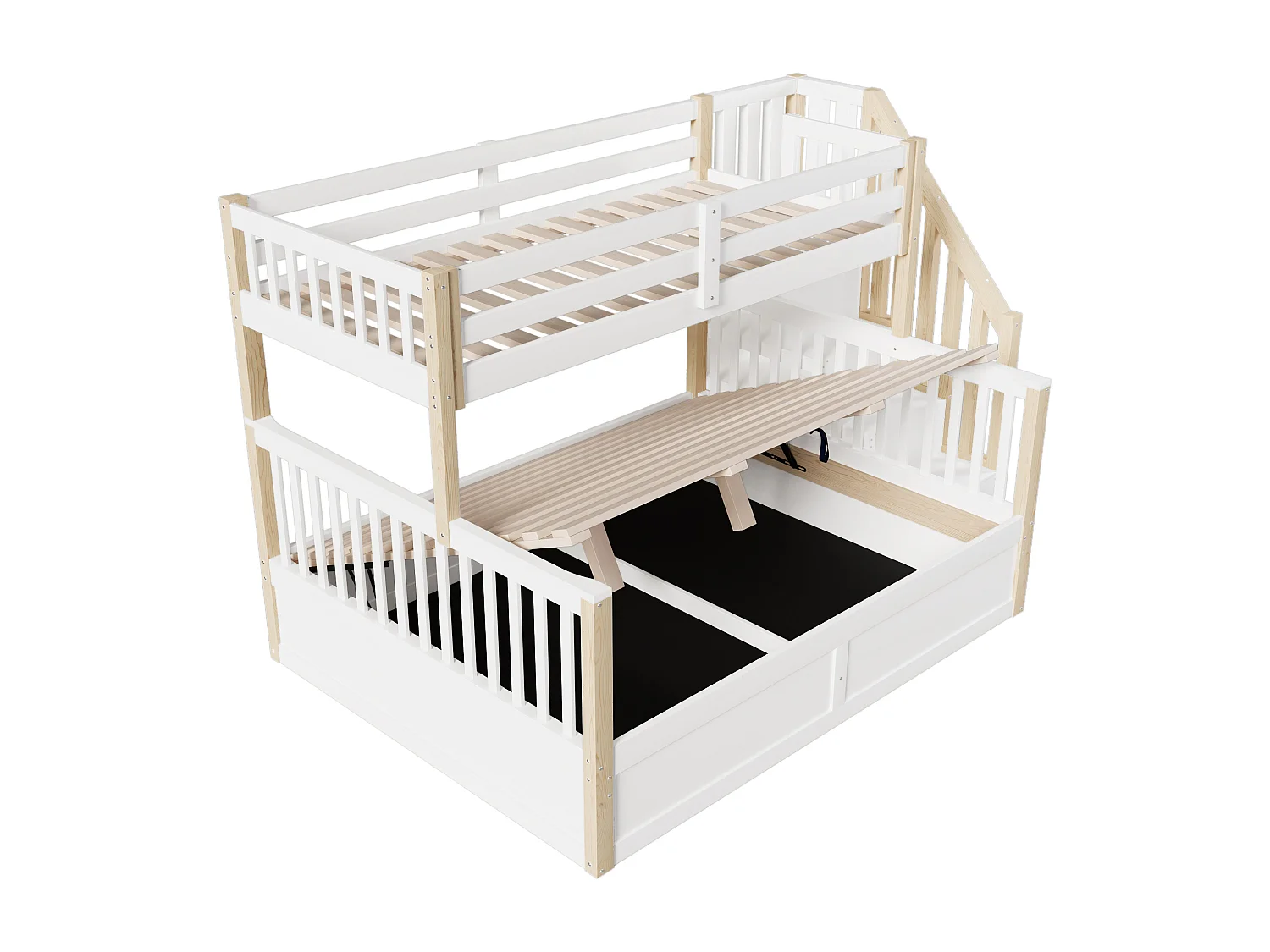 Etagenbett 90x200cm + 140x200cm - mit Leiter - mit Stauraum - weiß + natur​ (Matratze nicht inbegriffen)