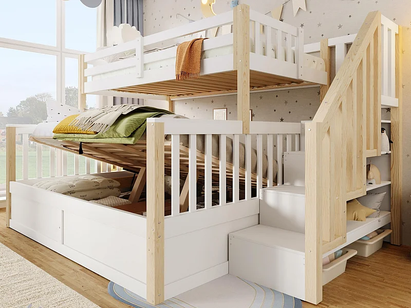 Etagenbett 90x200cm + 140x200cm - mit Leiter - mit Stauraum - weiß + natur​ (Matratze nicht inbegriffen)