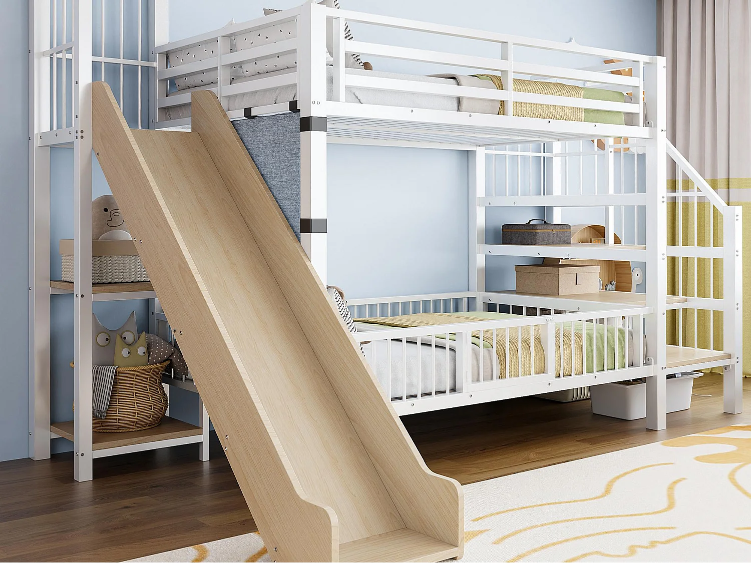 Lit superposé enfant en métal 90x200cm - avec toboggan - avec barrières de sécurité - avec escalier - avec étagère de rangement - blanc (matelas non inclus)