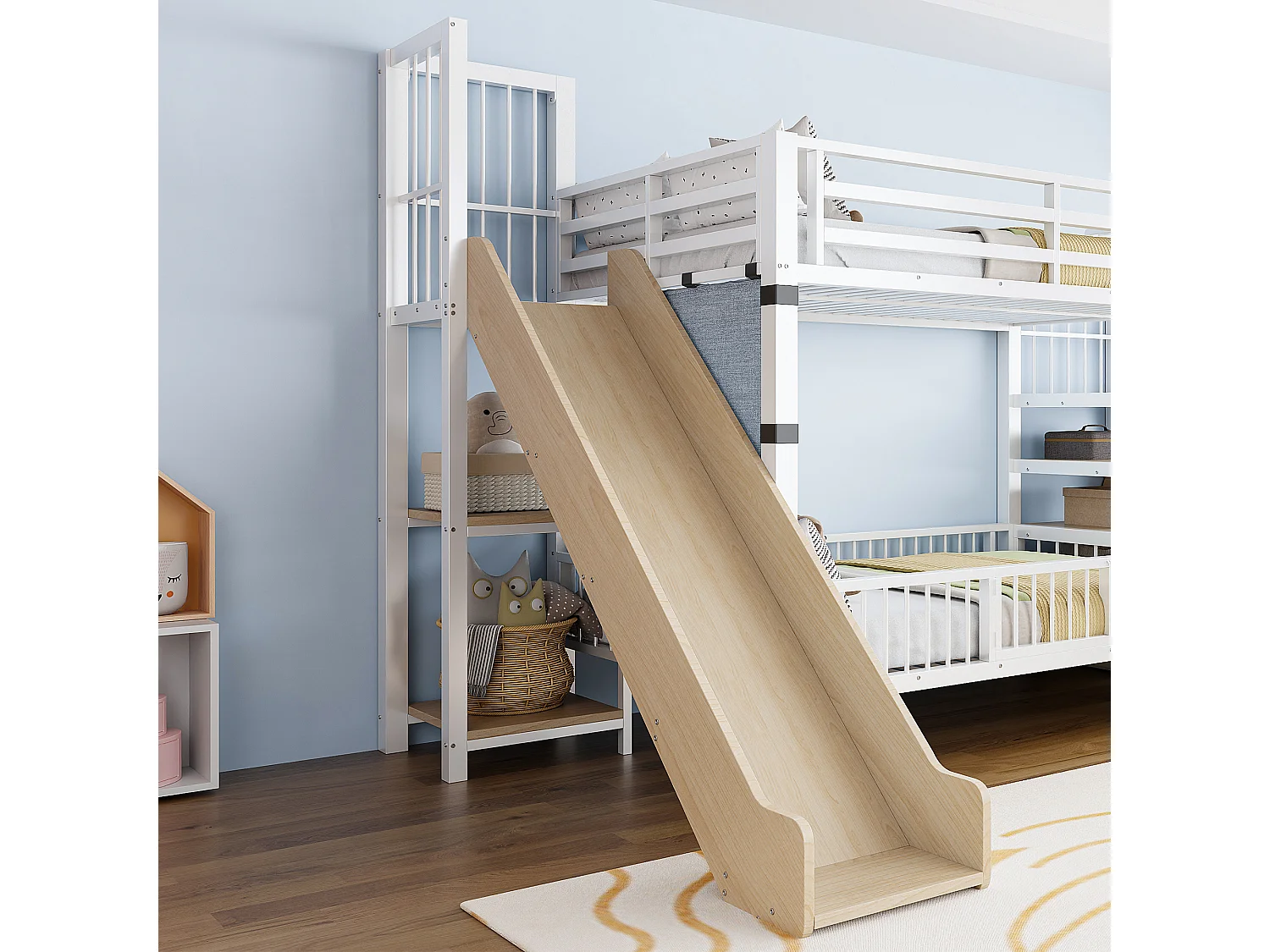 Lit superposé enfant en métal 90x200cm - avec toboggan - avec barrières de sécurité - avec escalier - avec étagère de rangement - blanc (matelas non inclus)