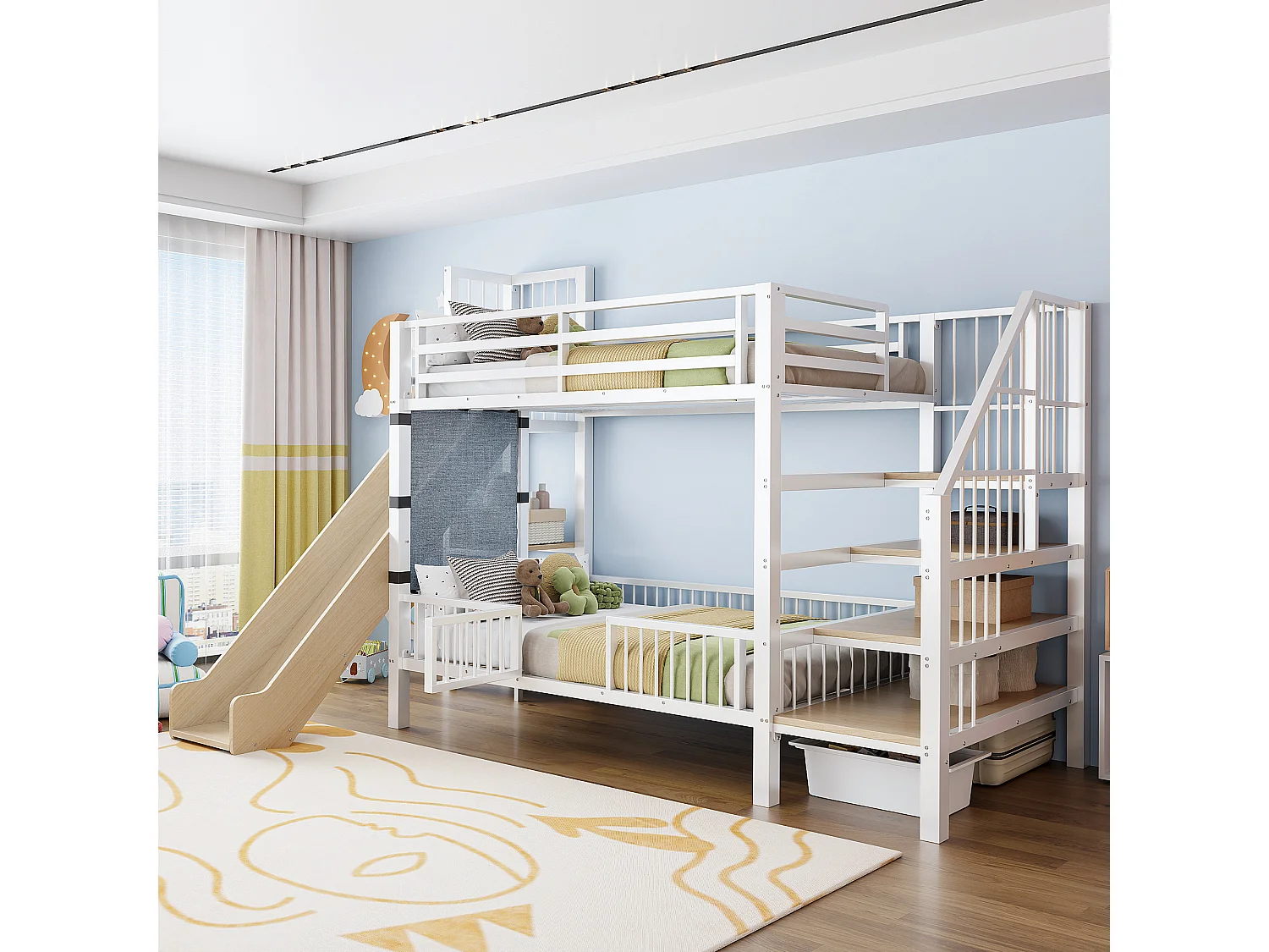 Lit superposé enfant en métal 90x200cm - avec toboggan - avec barrières de sécurité - avec escalier - avec étagère de rangement - blanc (matelas non inclus)