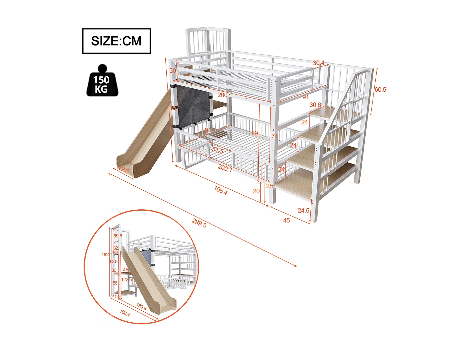 Lit superposé enfant en métal 90x200cm - avec toboggan - avec barrières de sécurité - avec escalier - avec étagère de rangement - blanc (matelas non inclus)