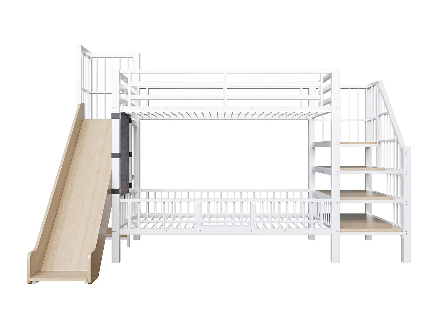 Lit superposé enfant en métal 90x200cm - avec toboggan - avec barrières de sécurité - avec escalier - avec étagère de rangement - blanc (matelas non inclus)