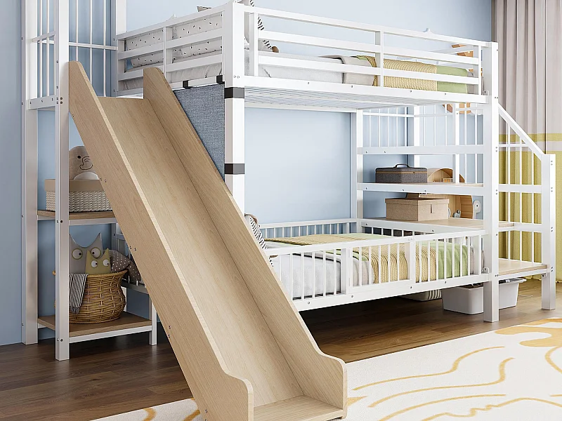 Lit superposé enfant en métal 90x200cm - avec toboggan - avec barrières de sécurité - avec escalier - avec étagère de rangement - blanc (matelas non inclus)